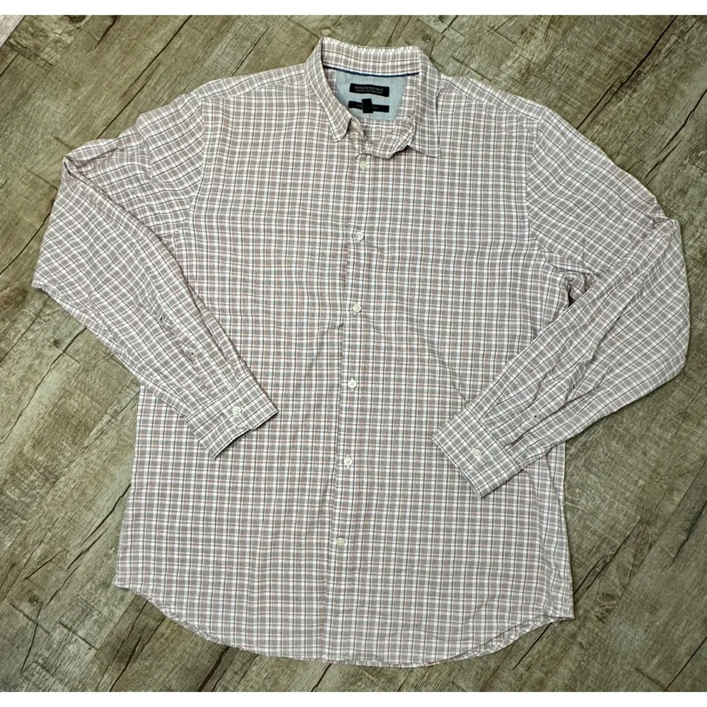 Banana Republic Custom 078 Wash Shirt Mens XL Tall Tailored Slim Fit Plaid Red